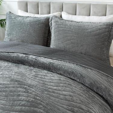 Imagem de Conjunto de edredões HoneiLife King Velvet, 3 peças, cinza leve