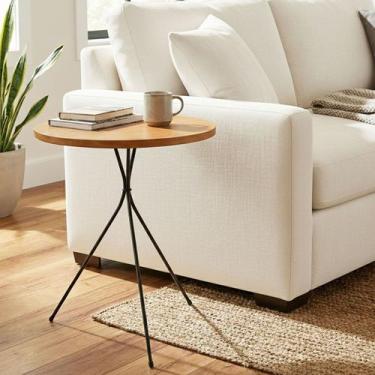 Imagem de Mesa Lateral Redonda Apoio Sofá Pé Palito Metal Madeira - Cloe