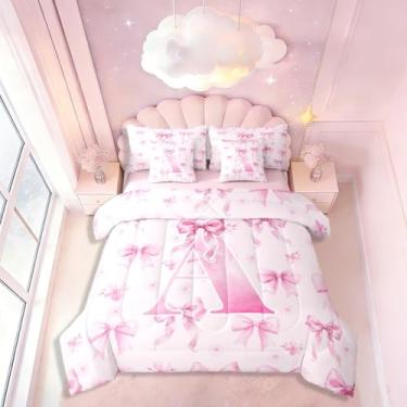 Imagem de Jogo de cama casal com letra A, 7 peças, linda cama com laço kawaii em uma bolsa, conjunto de cama com laço rosa inclui edredom, conjunto de lençol, fronhas e fronhas, decoração de quarto estilo