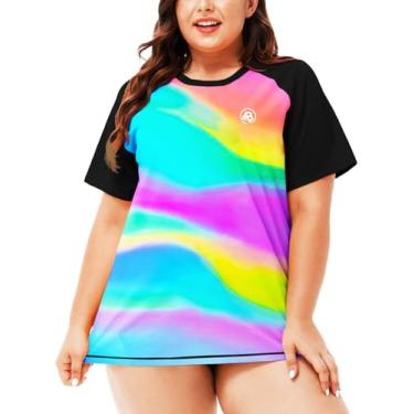 Imagem de AOBUTE Camiseta feminina plus size Rash Guard manga curta FPS, Multicolorido | Preto neon, 4X