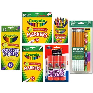 Imagem de Crayola Pacote K-5 Material escolar: Marcadores Crayola , lápis, tampas de borracha Dixon, bastão de cola Elmer's