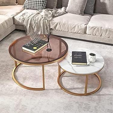 Imagem de Conjunto de 2 mesas de centro aninhadas, mesa de centro redonda grande de vidro temperado com tampo de ardósia, mesa de sofá redonda pequena para sala de estar, mesas empilháveis ​​de aninha