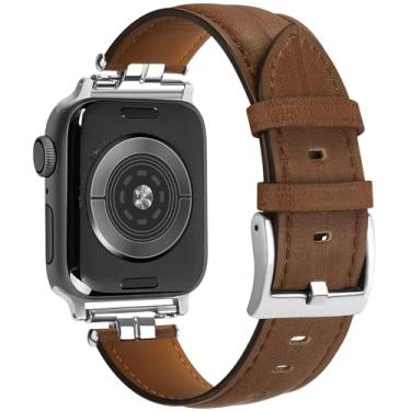 Imagem de mxiixnai Pulseira de couro compatível com Apple Watch séries 10/9/8/7/6/5/4/3/2/1/se/Ultra/Ultra 2 (49 mm, 46 mm, 45 mm, 44 mm, 42 mm, marrom/prata)