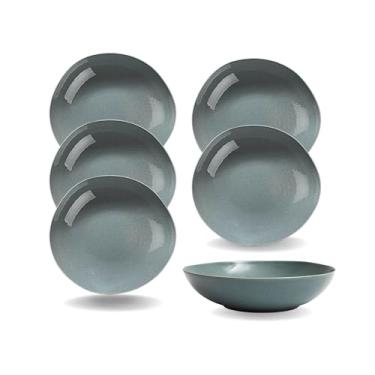 Imagem de Jogo 6 Pratos Fundos Cerâmica 20cm Azul Petroleum Borda Irregular Artesanal Orgânico Super Luxo Mesa Posta Sopas Refeições Rústico Vintage