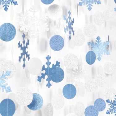 Imagem de OURUOLA floco de neve-neve prata-azul decorações de festa de natal guirlanda - país das maravilhas do inverno branco de 58 pés congelado pendurado banner de fitas de papel, aniversário bebê