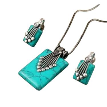 Imagem de Jewar haat Conjunto de pingente de turquesa prata oxidada estilo vitoriano indiano com corrente e brincos para mulheres na moda, Medium, Latão, Sem Pedra Preciosa