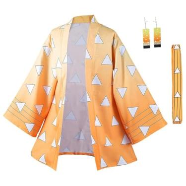 Imagem de IOONCHI Zenitsu Robe Adult Yellow Cloak Agatsuma Zenitsu Cosplay Costume Color Block Kimono Cardigan Jacket Earrings Set