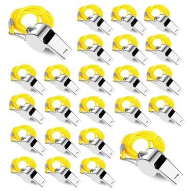 Imagem de UGpine Apito para treinadores, 24 pacotes de apito esportivo de aço inoxidável com cordão, som nítido alto, apito de metal para treinadores, árbitros, professores, polícias, apito de salva-vidas de