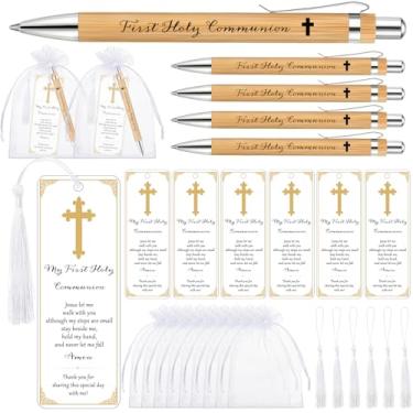 Imagem de Spakon 25 conjuntos de lembrancinhas de batismo para convidados The First Communion canetas de bambu cruz com borlas sacos de organza para lembrancinhas de festa de primeira comunhão presente cristão