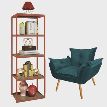 Imagem de Kit Poltrona Fatte com Estante Livreiro Ferro Bronze mdf Rústico Suede Azul Turquesa - Ahazzo Móveis