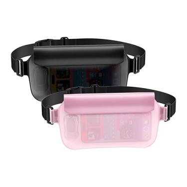 Imagem de Pochetes impermeáveis com alça de cintura ajustável (pacote com 2), bolsa impermeável IPX8 para praia, natação, passeios de barco, pesca, caminhadas, etc, Preto e rosa, acampamento ao ar livre