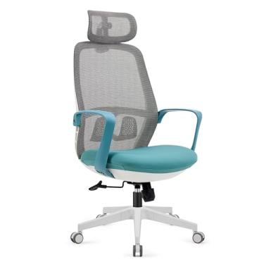 Imagem de Cadeira de Escritório Ergonômica Com Cabeça e Encosto de Cintura, Encosto Alto de Malha e 10cm Almofada Espessa Com Inclinação de 90° e Base Giratória e Altura Ajustável (Azul)