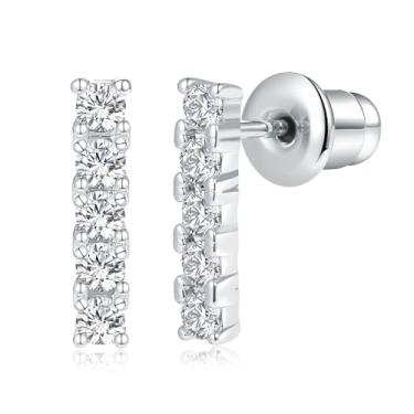 Imagem de VOLUKA Brincos de barra de zircônia cúbica banhados a ouro 14 K - Minibarra de forma geométrica delicada - brinco hipoalergênico de zircônia cúbica para orelhas sensíveis femininas, Zircônia cúbica