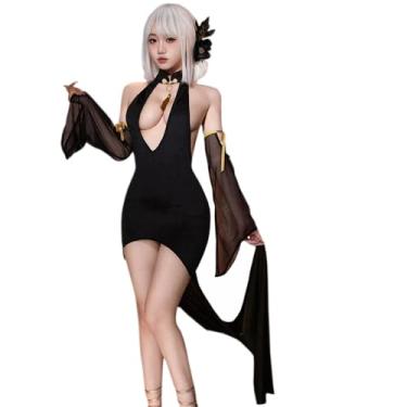 Imagem de SENJIY Vestido sexy cheongsam lingerie para mulheres, roupa chinesa, Qipao, saia longa, cosplay, fantasia, estilo de fantasia, fenda alta, frente única, colado ao corpo, anime, baby-doll, tanga