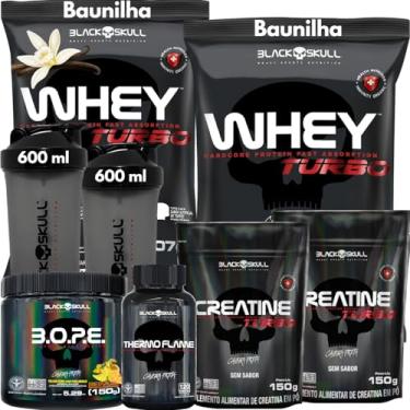 Imagem de Kit 2x Whey Protein Turbo 907g + 2x Creatina Monohidratada 150g + Pré-Treino BOPE 150g + Thermo Flame Termogênico 120 Tabletes+ 2x Coqueteleira - Black Skull (Whey Baunilha + Bope Frutas Amarelas)