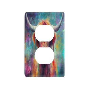 Imagem de Blueangle Placa de parede colorida Highland Cow Duplex Outlets, tamanho padrão, placas de cobertura de tomada elétrica de 1 gangue para decoração de quarto de escritório em casa, 4,53 x 2,76 polegadas