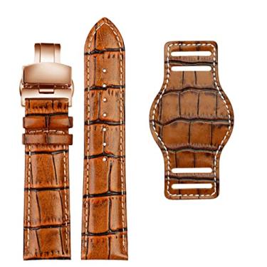 Imagem de HSPTR Pulseira masculina de couro genuíno de 20 mm e 22 mm com tapete, pulseira de couro artesanal (marrom, ouro rosa, dobrável, 20 mm)