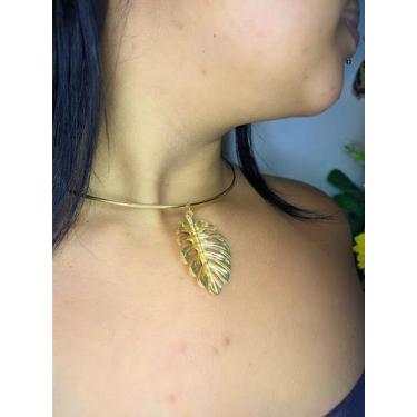 Imagem de kit Colar Choker com  Pulseira Elo Aro Liso com Pingente Folha Costela