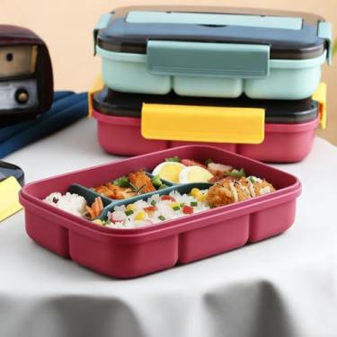 Imagem de Caixa de almoço com 4 compartimentos com colher para trabalho, piquenique, acampamento, uso de tampa serve como suporte de telefone e coloque no forno de micro-ondas (vermelho)