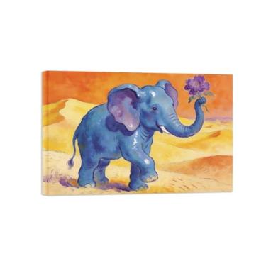 Imagem de Impressão em tela de arte de parede animal - Elefante e flores - Pintura de decoração moderna - Imagens para casa pronta para pendurar tela embrulhada 60 x 90 cm 24 x 35 polegadas