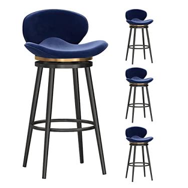 Imagem de Conjunto de 4 banquetas giratórias de 360 graus, cadeiras de bar de veludo com altura de bar com pernas de metal preto e apoio para os pés, cadeiras modernas de bar com encosto baixo para cozinha, pub