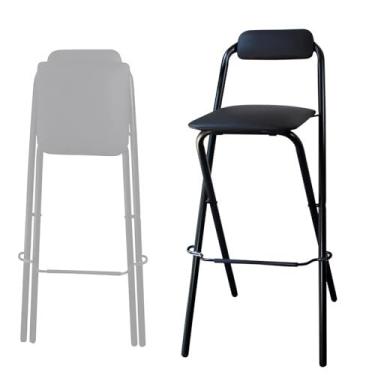 Imagem de Banqueta de bar dobrável portátil com encosto e apoio para os pés - Assento almofadado confortável, estrutura de metal resistente, banco de bar preto de café da manhã de 71 cm - Cadeira alta para