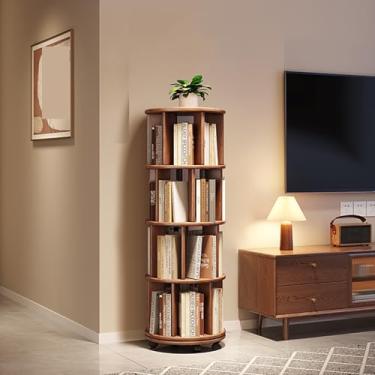 Imagem de Torre giratória de 360° com rodas, organizador de canto de madeira maciça para espaços pequenos - acabamento em nogueira, 4 camadas 39,9 cm x 39,9 cm x 127 cm - Rack de armazenamento de exibição com