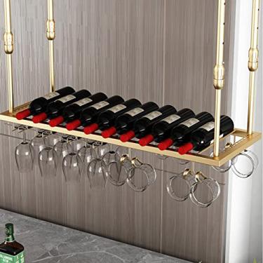 Imagem de Suporte de copo de vinho vintage industrial de cabeça para baixo e rack de garrafa - Rack de vinho decorativo de metal suspenso para bares, restaurantes e cozinhas - Acabamento dourado elegante