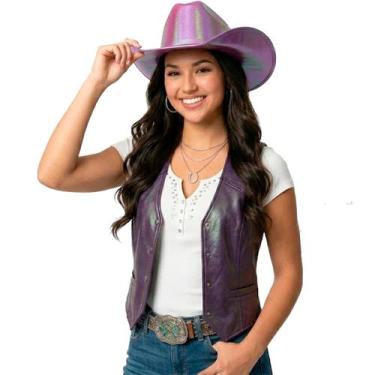 Imagem de Chapéu Country Feminino Rosa Holográfico pra Fantasia Cowgirl Adulta -