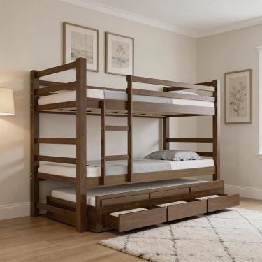 Imagem de Treliche Solteiro Lilou B07 com Cama Auxiliar 3 Gavetas Grade e Escada Madeira Maciça C...