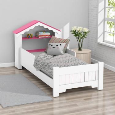 Imagem de Cama Solteiro Infantil Casa Princesa com Grade de Proteção MDP MDF Branco Rosa de Casa