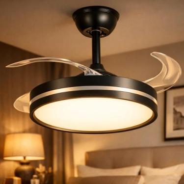Imagem de Luminária Plafon Ventilador de Teto Led Retrátil Preto 50w 4 pás - Nj 