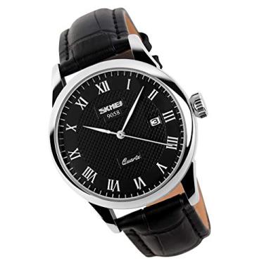 Imagem de Relógio masculino de negócios, clássico, moderno, casual, de couro, preto, quartzo, analógico, à prova d'água, calendário, luz de data, simples, presentes para pais e pais SKMEI, Pulseira