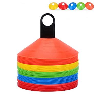 Imagem de VGEBY 50 peças de cones de disco, cone de treinamento esportivo multicolorido com bolsa de transporte e suporte de plástico para futebol, futebol, suprimentos de marcadores de campo cones de disco