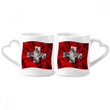 Imagem de Conjunto de canecas de porcelana para casais com textura de seda e estampa abstrata da Suíça com coração