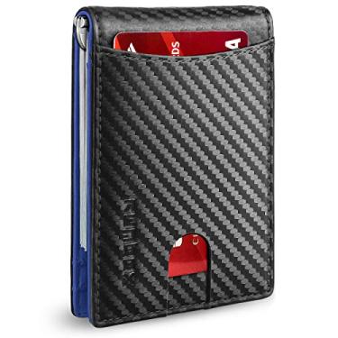 Imagem de Carteira masculina fina de couro genuíno com bloqueio de RFID, dobrável, bolso frontal minimalista, carteira masculina com clipe para dinheiro, caixa de presente fina, Carbono preto e azul - 6