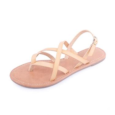 Imagem de Sandália feminina gladiadora rasteira pescador com tiras no tornozelo, Bege, 8.5