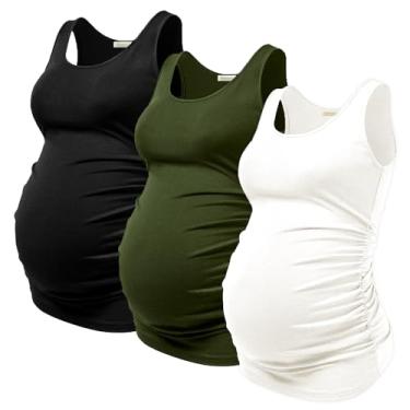Imagem de PARNIXS Camiseta regata feminina de verão para gestantes confortáveis sem mangas (3 peças), Preto/verde-militar/branco, GG