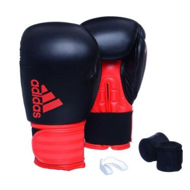 Imagem de Kit Luva Boxe Adidas Hybrid 100 Preto/Vermelho com Bandagem Preta e Bu