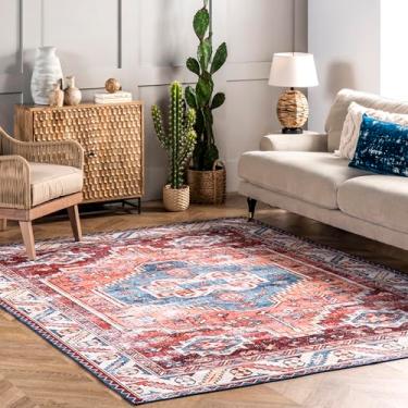 Imagem de nuLOOM Tapete SpinClean lavável à máquina resistente a manchas com suporte antiderrapante, perfil baixo para sala de estar, quarto e sala de jantar, Marli Rust