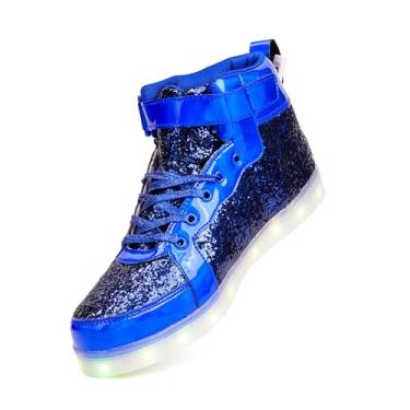 Imagem de PYYIQI Tênis de LED com glitter, cano alto, feminino, masculino, piscando, para festa de Natal, Halloween, com carregamento USB, Azul, 7.5 Women/7 Men