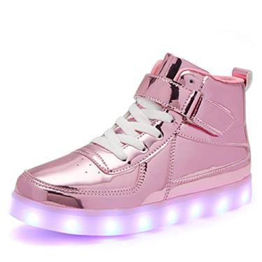 Imagem de Bepoaa Tênis infantil com luz LED e carregamento USB, luz piscante, cano alto, para meninos e meninas, unissex, Rosa espelhado, 2 Little Kid