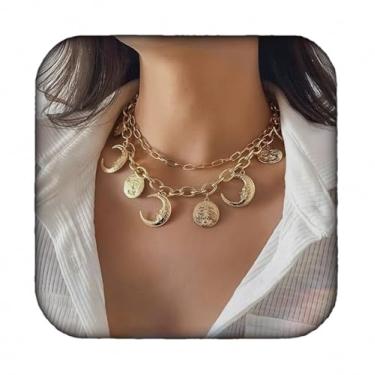 Imagem de DIONFEI Colar com clipe de papel retrô de corrente grossa elegante - Colar com pingente de lua e moeda - adequado para mulheres, necklace, Metal, Sem Pedra Preciosa