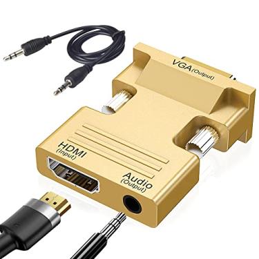 Imagem de Seminer Adaptador HDMI para VGA, conversor de cabo de áudio e vídeo macho HDMI 1080p para VGA macho com cabo de áudio de 3,5 mm para computador, desktop, monitor, HDTV etc. (dourado)