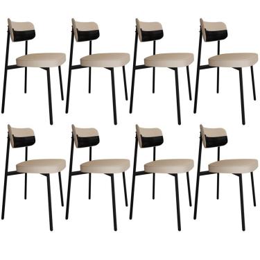 Imagem de Kit 08 Cadeiras Estofada Para Sala De Jantar Astrid Preto C01 Linho Areia Courino Preto - Lyam Decor