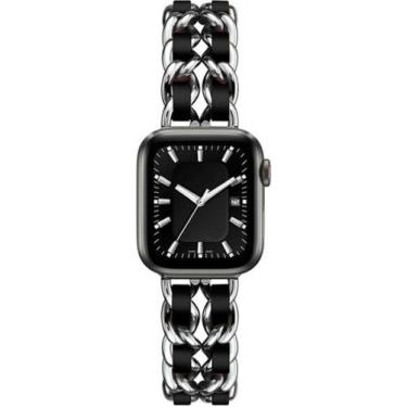 Imagem de Pulseira Compatível com Apple Watch Couro Aço Trançada Prata Preto 44m