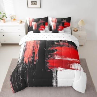 Imagem de Feelyou Jogo de cama infantil, moderno, arte abstrata, 7 peças, tamanho Queen, vermelho e preto, conjunto de edredom com lençol geométrico, para meninos e meninas, macio