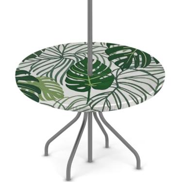 Imagem de Toalha de mesa redonda para uso ao ar livre com furo de guarda-chuva de 91,4 a 111,8 cm, capa de mesa elástica com zíper, planta de palmeira, toalha de mesa redonda, impermeável, com zíper, para pátio