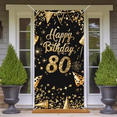 Imagem de BlissYard Capa de porta de aniversário de 80 anos 178 x 89 cm faixa de feliz aniversário com glitter dourado preto para mulheres faixa de galhardete de confetes cintilantes festa oitagésimo marco
