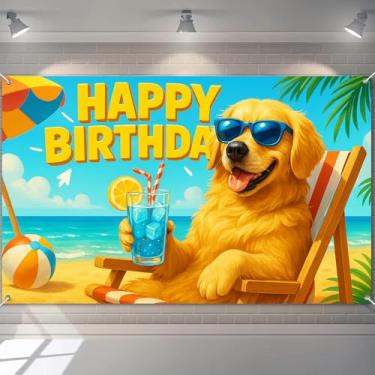 Imagem de BlissYard Faixa de Happy Birthday 188 x 109 cm, tecido Golden Retriever, decoração de festa de verão para cães para amantes de animais, crianças, adultos, celebração, pano de fundo, fotografia de